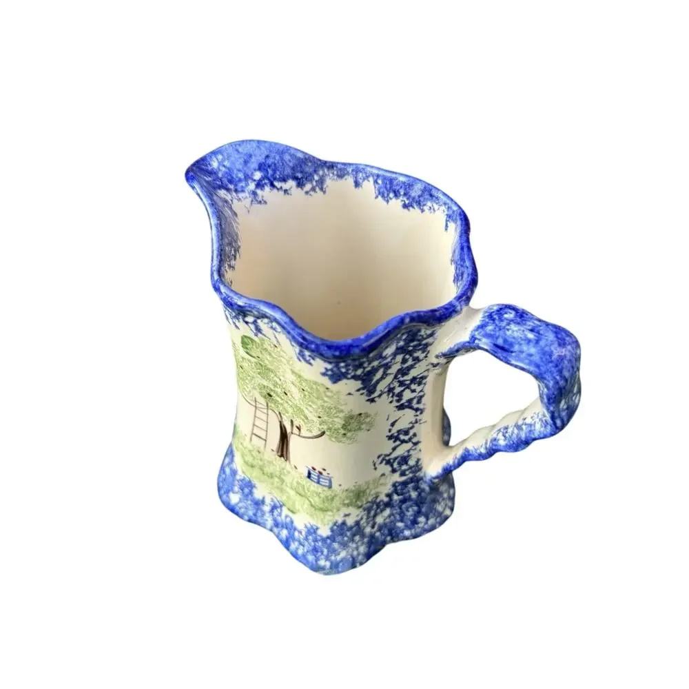 VTG Molly Dallas Blue Spatterware Ohio Folk Apple Tree Pitcher Wavy Handle 6.5